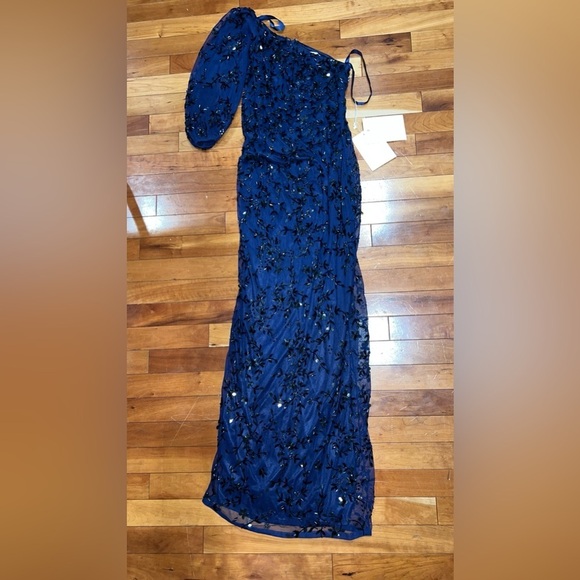 MAC DUGGAL 5912 NWT Navy One Shoulder Puff Sleeve Embellished Column Gown - Picture 5 of 7